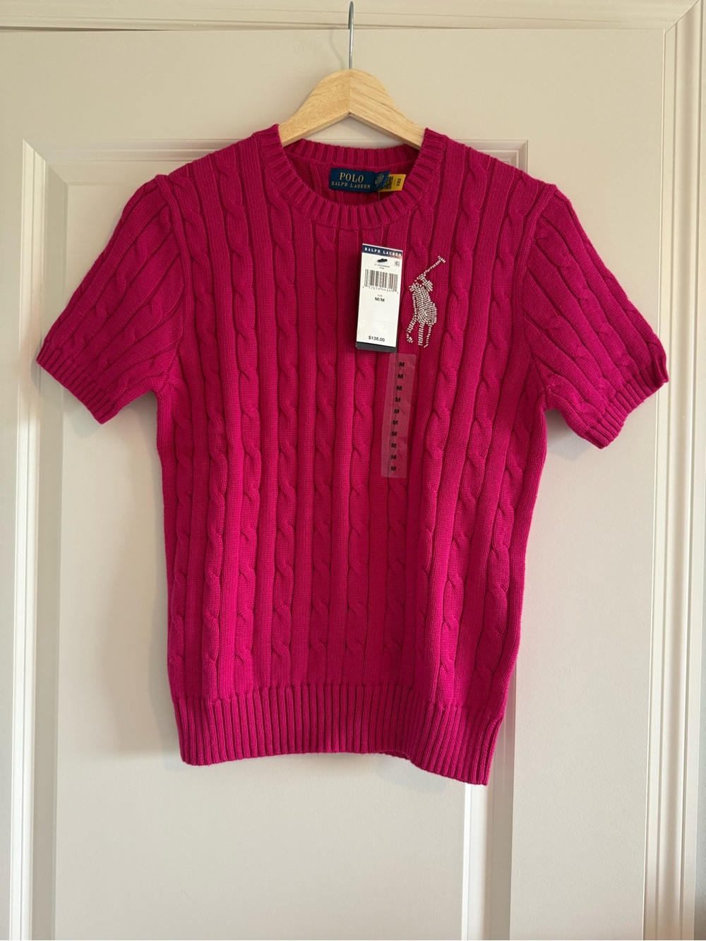NWT Polo Ralph Lauren Sweater Pink Cable Knit Beaded Big Pony Logo M